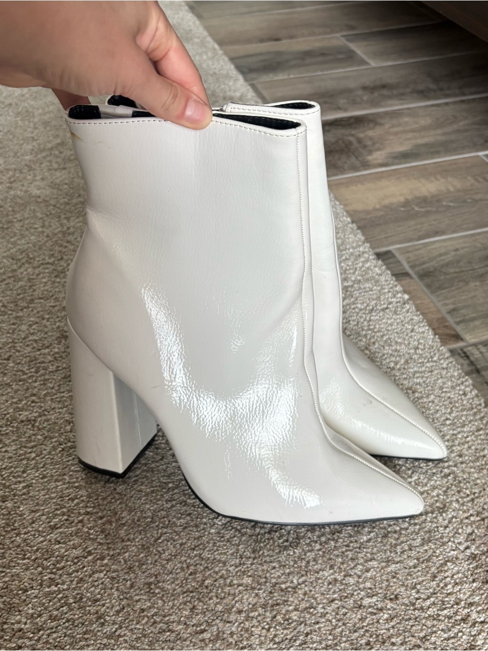 White Patent Pointed Toe Block Heel Ankle Boots